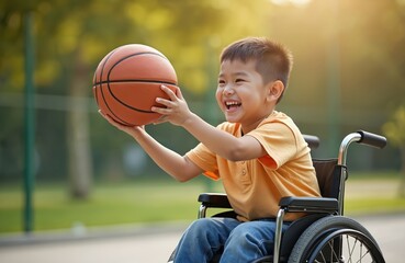 Young asian boy in wheelchair happily plays basketball outdoors on sunny day. Child enjoys sport activity in park, improves health and motor skills, feels joy.