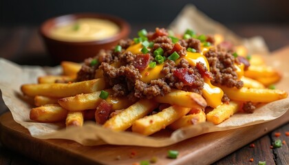 Loaded cheesy bacon fries with ground meat topping and green onions served on parchment paper. A bowl of dipping sauce is in background. Close up.