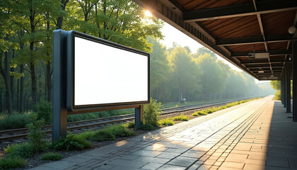 Blank billboard on train station platform next to tracks. Sunlight shines through trees bordering station. Advertising space offers copy space for promotion.