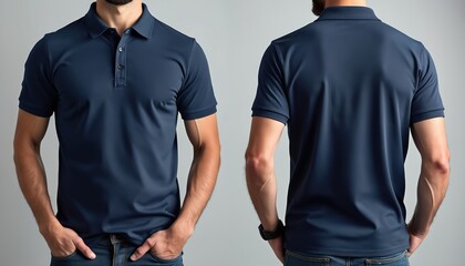 Man wears dark blue polo shirt, front, back views. Blank t-shirt template for design placement. Casual attire for branding projects. Modern collared shirt for corporate wear. Clean background for