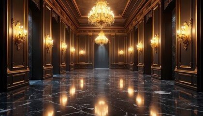 Grand ballroom interior with polished marble floor and ornate gold chandeliers. Dark walls feature wall sconces with glowing lights. Empty elegant hall sets scene for lavish events.