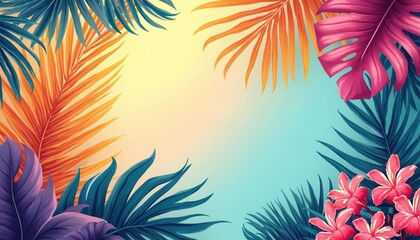 Bright tropical leaves in vibrant colors like pink purple orange, blue frame gradient background. Exotic botanical design features foliage, flowers perfect for summer promotions, invitations.