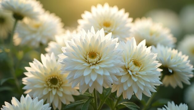 Field of white chrysanthemums bathed in soft golden hour light. Many delicate petals form full blooms on green stems. Garden flowers glow in warm sun.