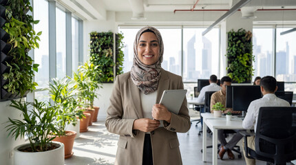 Modern Professionalism: A confident individual stands in a modern office, her presence radiates competence as she poses with a tablet, symbolizing the dynamic world of business and technology.