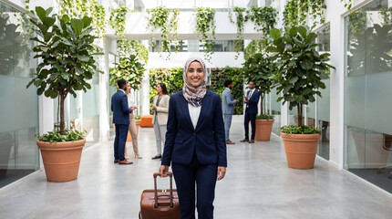 Business Traveler: A professional woman in a headscarf strides confidently through a modern office, carrying her luggage, amidst colleagues and lush greenery.