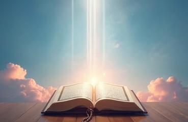 Open Quran book on wooden surface with light beams from sky. Muslim holy text with prayer beads below clouds at sunset. Islamic faith worship and spiritual learning.