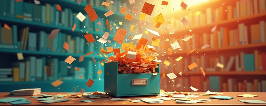 Filing cabinet overflows with documents. Papers fly around office with bookshelves in background. Business work chaos, disorganization and stress shown with scattered documents on table.