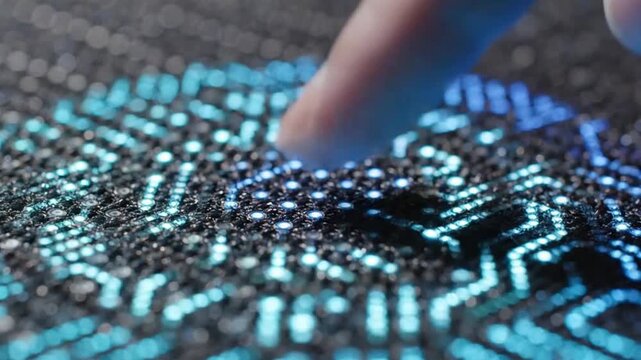 Macro Shot of Smart Fabric with Embedded Glowing Sensors and Touch-Activated HDR Animation