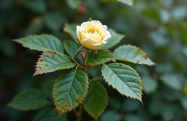 Pale yellow rose bud with green leaves shows symptoms of nutrient deficiency or disease. Dry brown spots appear on leaf edges, indicating plant health issues and potential problems.