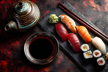 flat lay with soya sauce in bowl, chopsticks and nigiri sushi set on black slate plate on red and black background