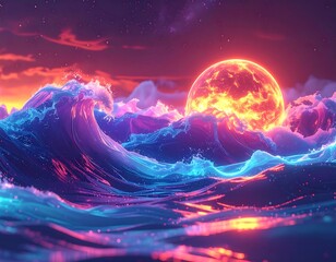 Vivid fantasy seascape featuring electric-blue waves and fiery celestial orb
