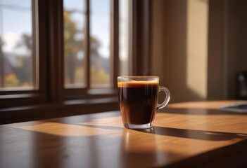 Dark brown liquid in a cup on a table, surrounded by warm sunlight filtering through a window ,  beverage,  cafe,