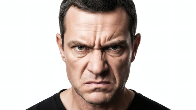 Close-up portrait of an angry man with furrowed brow and intense gaze