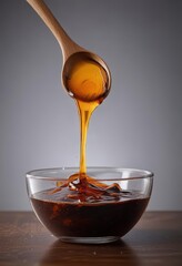 Dark liquid flows down a wooden spoon in a glass bowl ,  wood,  pouring,  table