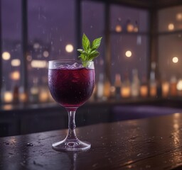 Dark purple cocktail glass on a bar with a rain-slicked exterior,  cocktail,  nighttime,  dark purple