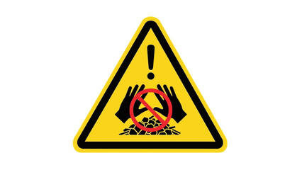 Obraz premium Warning sign indicating a hazard with sharp objects or debris, prohibiting direct hand contact for safety.