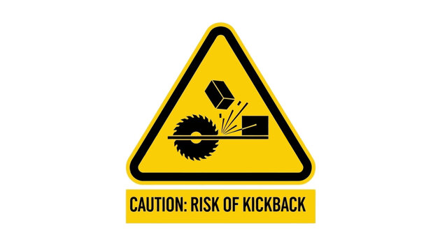 A yellow triangular warning sign with a black pictogram illustrating a circular saw kickback incident, accompanied by text "CAUTION: RISK OF KICKBACK".