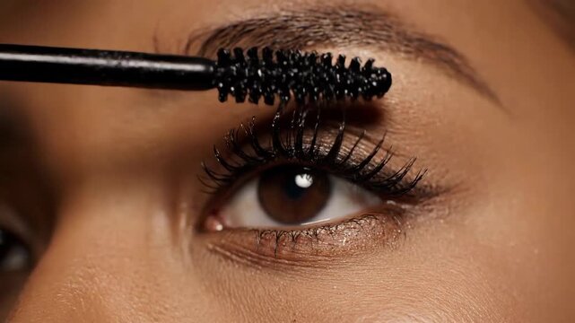 Close-up shot of a person's eye, applying a grooming tool to the eyebrow as part of a detailed beauty regimen.