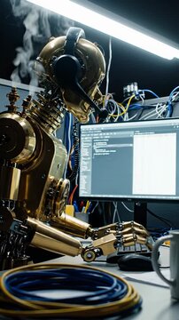Steampunk automaton provides tech support in modern office cubicle while handling computer tasks
