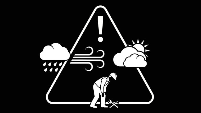 Warning sign depicting various weather conditions like rain, wind, and sun affecting outdoor work, emphasizing environmental hazards and worker safety.