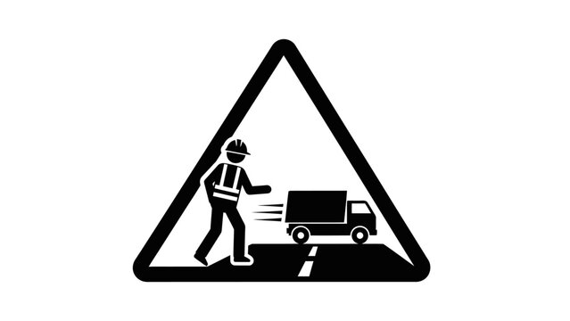 Warning sign depicting a construction worker directing a fast-moving truck on a road, indicating road work or a flagger ahead.