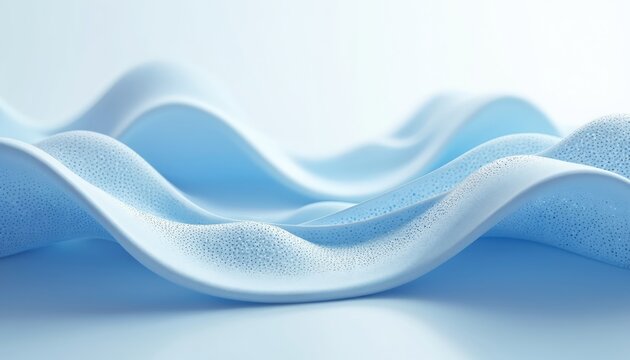 Abstract wavy fluid shapes in light blue with textured dots move gently. Smooth, clean lines suggest soft fabric or water surface. Creates calm, modern, digital motion.