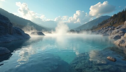 Naklejka premium Serene hot spring water with steam rising near rocky hills. Lush forest tops distant mountains. Clear blue sky with white clouds overhead. Peaceful natural landscape.