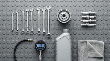 Car maintenance essentials and DIY auto repair kit concept. Overhead flat lay of organized tools and parts including wrenches, oil filter, spark plugs, motor oil and digital gauge on grey workshop mat