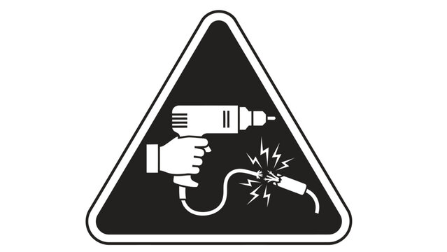 Warning sign showing a hand holding a power drill with a damaged, sparking electrical cord, indicating danger of electric shock or cord damage.