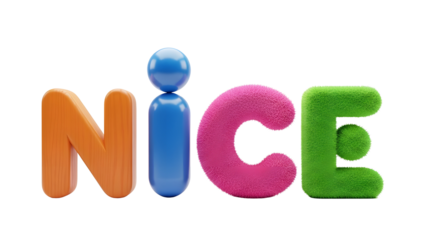 3D render of colorful textured word 'NICE' isolated on white background