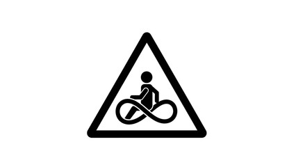 Black triangular warning sign with a stick figure riding a bicycle with infinity symbol wheels on a white background.