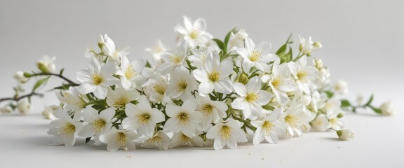 Delicate jasmine flowers on a pristine white background with no shadows to emphasize their intricate details and pure beauty,  pure,  white background,  no shadow