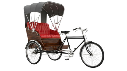 Vintage Bicycle Pedicab Rickshaw with Dark Wood and Red Seat Isolated