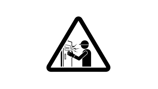 Warning sign depicting a worker in a hard hat encountering an electrical arc flash or shock hazard while operating machinery, symbolizing industrial danger.