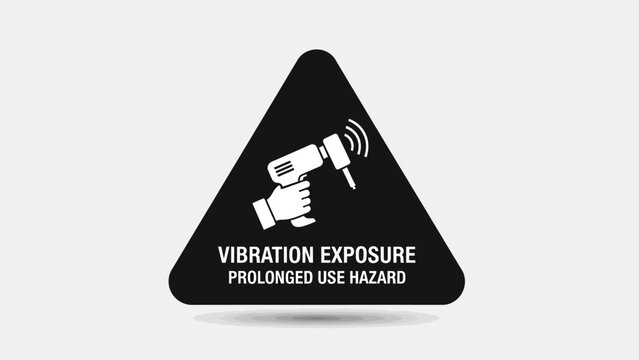 Black triangular warning sign with white icon of hand holding vibrating power tool and text 'VIBRATION EXPOSURE PROLONGED USE HAZARD' on a light grey background.