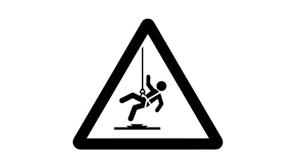 Warning sign depicting a person falling while secured by a rope and harness, indicating a fall hazard from height.