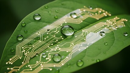 A detailed view of a circuit board patterned on a green leaf with water droplets