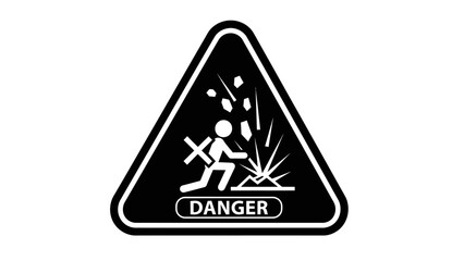 Black and white triangular danger sign with falling debris and explosion warning.