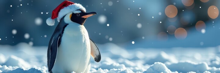 A festive penguin wears a Santa hat, snowy background, christmas, holiday card