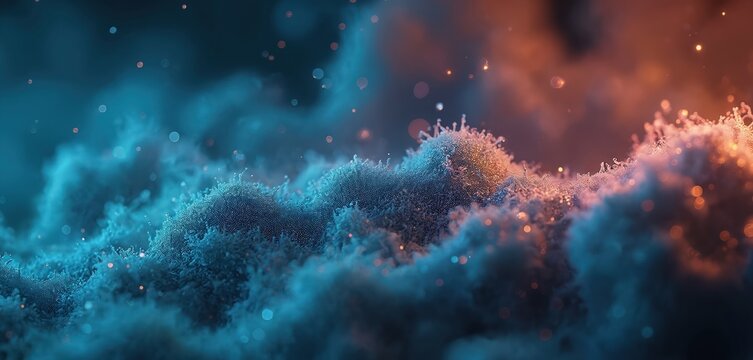 Abstract blue and orange clouds with tiny sparkling lights. Texture resembles organic matter or microscopic view. Suggests scientific research or digital art. Cosmic nebula background.