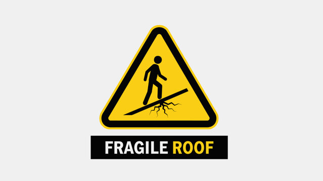 Fragile roof warning sign with a person walking on a breaking surface, indicating danger and caution for safety in industrial or construction areas.