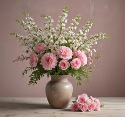 Delicate pink and white flower arrangements in a rustic vase ,  floral arrangement,  home decor,  garden style