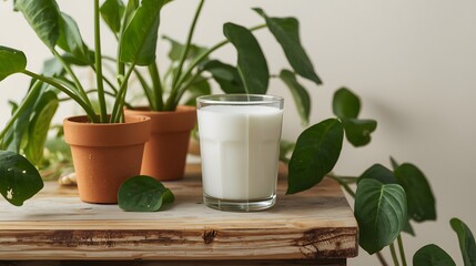 A refreshing glass of white milk sits on a wooden table surrounded by vibrant green houseplants in terracotta pots, creating a healthy and natural scene now.