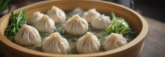 Delicate soup dumplings in bamboo steamer, topped with green scallions and steam rising, bamboo steamer, rustic ambiance, stir-fried noodles