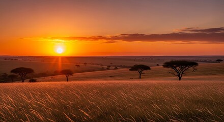 Serene African Savannah at Sunset Acacia Trees Silhouetted Against a Fiery Sky