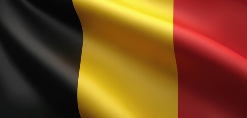 Fototapeta premium Belgium national flag waves gently in wind. Fabric texture shows vertical stripes of black yellow red. Symbol of country pride independence and democracy.