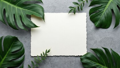 Blank paper sheet with torn edges surrounded by lush green tropical monstera leaves on a grey textured background. This natural frame suggests space for text or design elements.