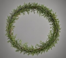Delicate sprigs of fresh rosemary and thyme placed artfully around a circular frame on a neutral gray background, gray,  botanical,  frame