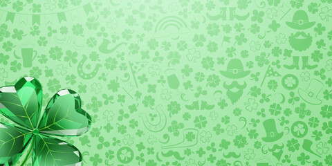 St Patricks day illustration in flat style with green background and various symbols.