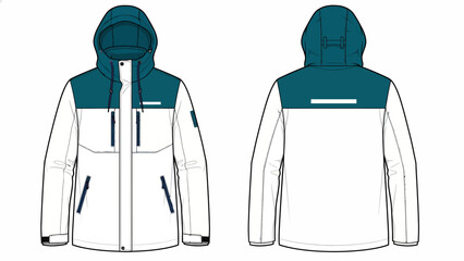 Technical Winter Jacket Vector Illustration, White and Teal Hooded Parka Mockup with Pocket Details, Front and Back View © Tharusha